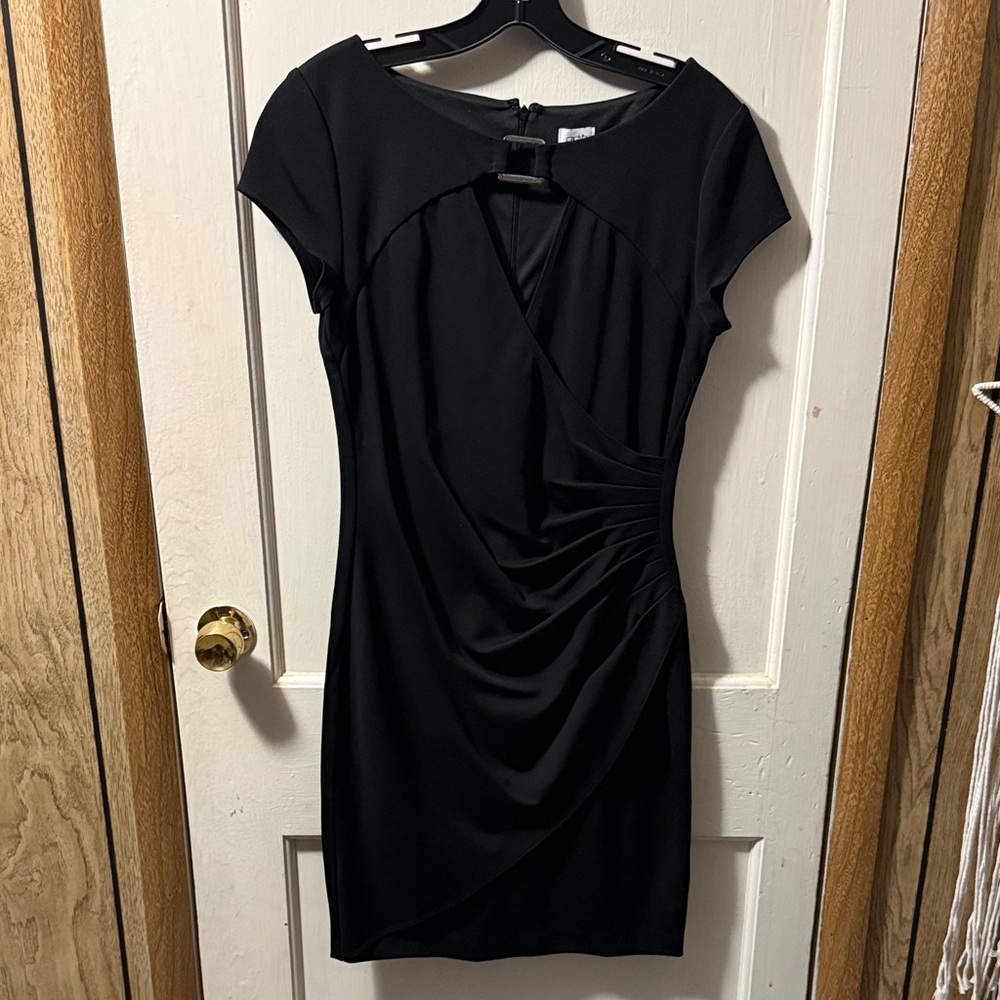 Cache Classic Black Ruched Cap-Sleeve Dress